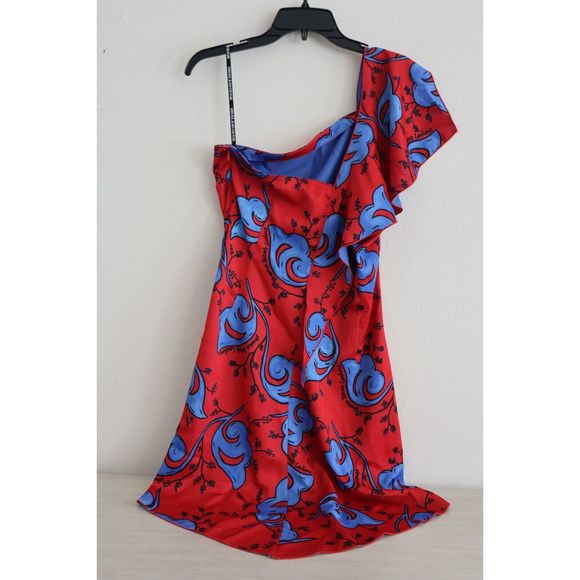 Versace Jeans Couture Sz 6 Red/Blue One Shoulder Envers Satin Print Dress - Picture 2 of 11